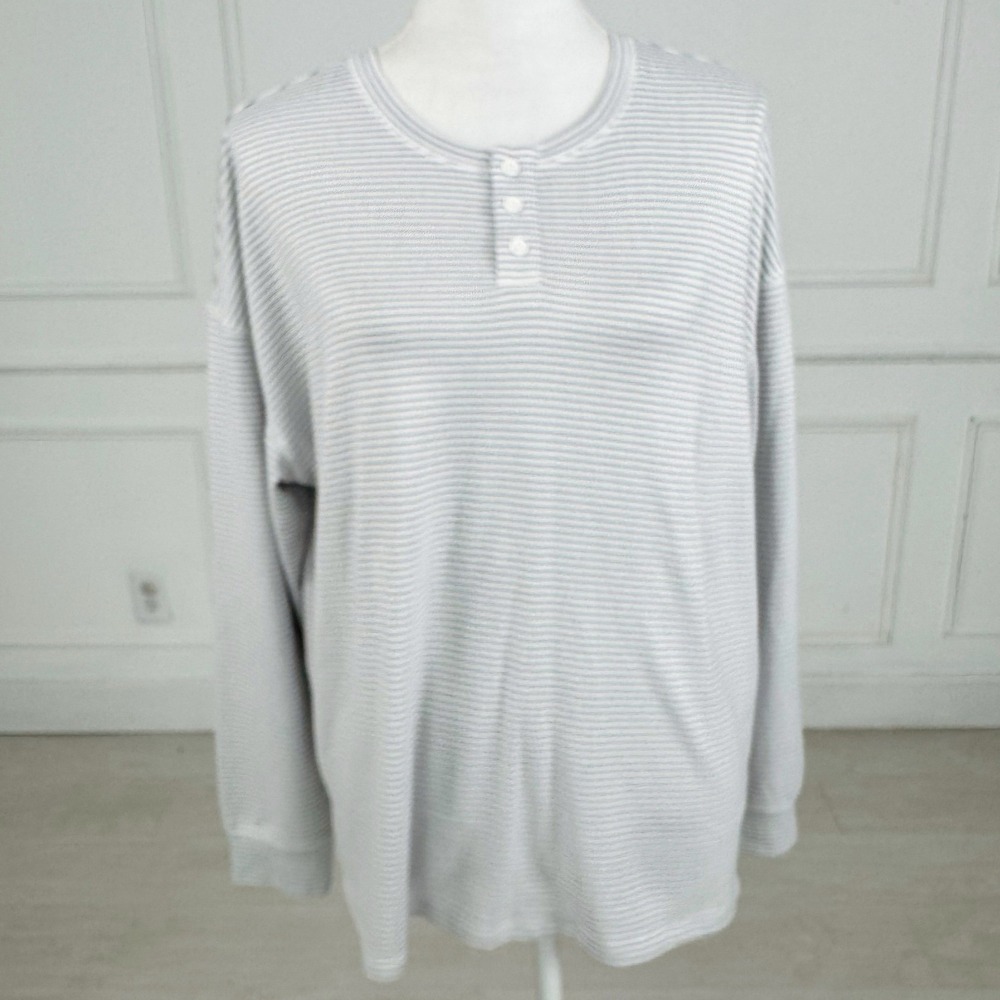 LOFT‎ Henley Sleep Top Womens XL Grey White Striped Long Sleeve Loungewear Shirt